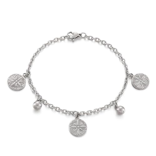 Armband Silber Elegant, Kettenarmband Edelstahl mit Rundem Anhänger und Perle Rolo Kette Damen Schmuck für Geburtstag von Dsnyu