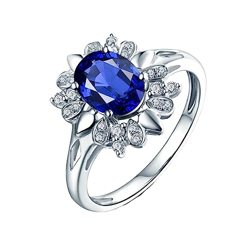 Blumen Ring, Damen Ringe Labor Geschaffener Saphir 1.62ct Ovale Form Blau Eheringe Größe 58 (18.5) 18 Karat Weißgold von Dsnyu