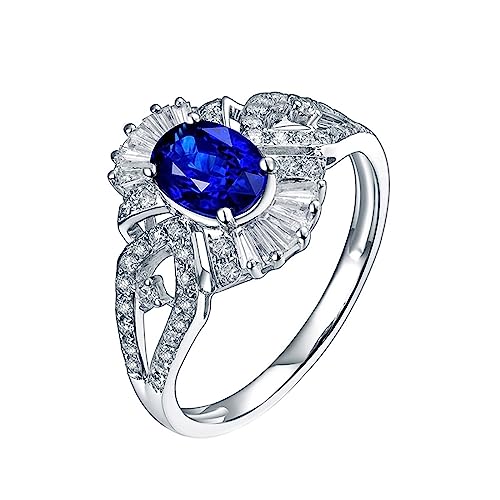 Blumen Ring Damen, Damenring Modern 4 Prong Labor Geschaffener Saphir 1ct Ovale Form Blau Trauringe Größe 52 (16.6) 18 Karat Weißgold von Dsnyu