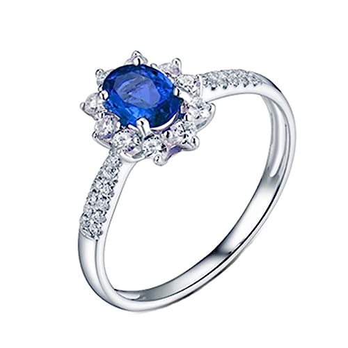 Blumen Ring Damen, Verlobungsring Damen Breit 4 Prong Labor Geschaffener Saphir 0.85ct Ovale Form Blau Eheringe Größe 58 (18.5) 18 Karat Weißgold von Dsnyu