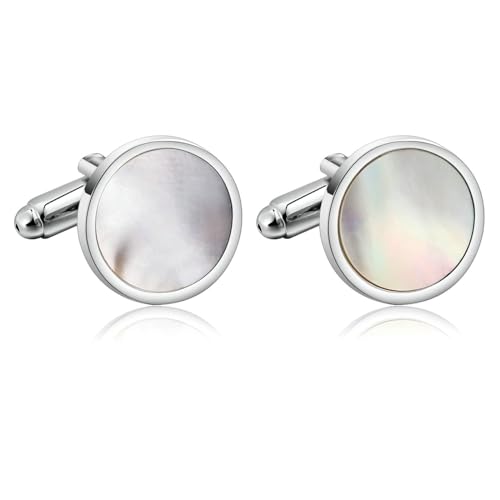 Cufflinks Silver, Manchettenknoepfe Herren Hochzeit Weiß Polierte Runde Schale Edelstahl Hemd Anzug Schmuck mit Geschenkbox von Dsnyu