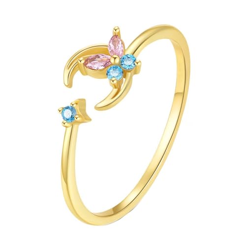 Damen Goldring 585, Verlobungsring Frau 14K Gelbgold Hergestellter Edelstein Marquise Form Mond Stern Schmetterling Offener Schmuck Verstellbar für Hochzeit Größe 62 (19.7) von Dsnyu