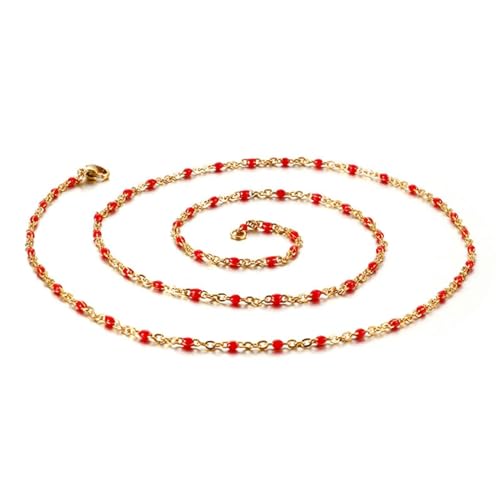 Damen Halskette Modern, Halskette Lang Rot Edelstahl Kette mit Perlen Kabel Kette Schmuck für Geburtstag von Dsnyu