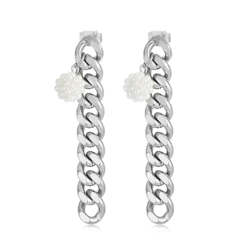 Damen Ohrringe Edelstahl, Earrings Silver Kette mit Perle Ohrstecker Weiß Schmuck Tragus Piercings von Dsnyu