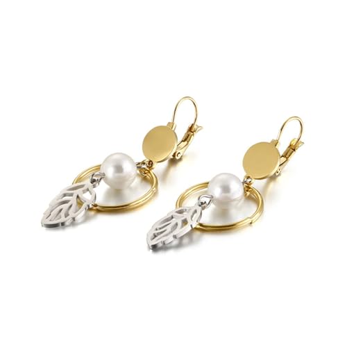 Damen Ohrringe Hängend, Stainless Steel Earrings Kreis mit Blattperle Gold-Silber Schmuck Tragus Piercings von Dsnyu