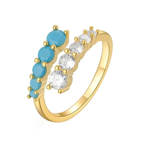 Damen Ring 585 Echtgold, Promise Ring Woman 14K Gelbgold Türkis Runde Form Vintage Offener Schmuck Verstellbar für Verlobung Hochzeit Größe 54 (17.2) von Dsnyu