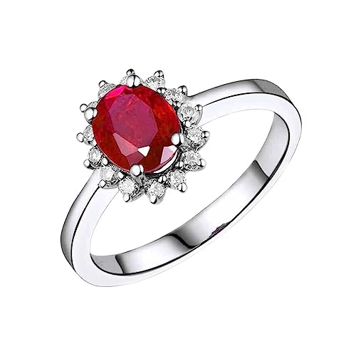 Damen Ring Blume, Ring Frauen Verlobung Halo Labor Geschaffener Rubin 1ct Ovale Form Rot Trauringe Größe 45 (14.3) 18 Karat Weißgold von Dsnyu