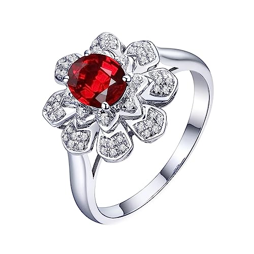 Damen Ring Blume, Verlobungsring 4 Prong Labor Geschaffener Rubin 0.6ct Ovale Form Taubenblutrot Trauringe Größe 58 (18.5) 18 Karat Weißgold von Dsnyu