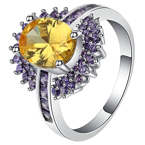 Damen Ring Vintage, Verlobungsring Zirkonia mit Gelben und Violetten Zirkonia Versilbert Schmuck Größe 60 (19.1) Komfort Fit von Dsnyu