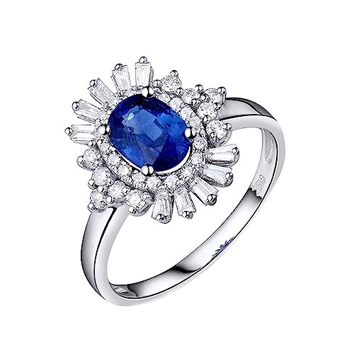 Damen Ring mit Stein, Damen Ringe Blume 4 Prong Labor Geschaffener Saphir 1ct Ovale Form Blau Eheringe Größe 56 (17.8) 18 Karat Weißgold von Dsnyu