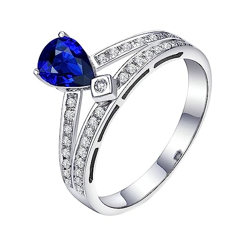 Damen Ringe 750 Weißgold, Verlobungsring Damen Breit Krone und Wassertropfen Labor Geschaffener Saphir 0.76ct Birnenform Blau Eheringe Gr.61 (19.4) von Dsnyu