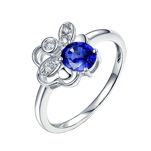 Damen Ringe 750 Weißgold, Verlobungsringe Damen Hohles Blumendesign 4 Prong Labor Geschaffener Saphir 0.55ct Ovale Form Blau Eheringe Größe 61 (19.4) von Dsnyu