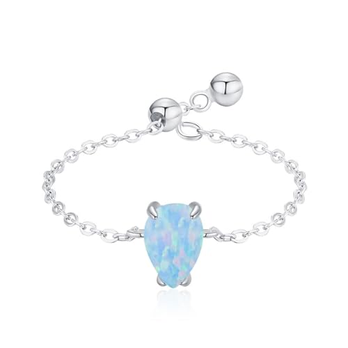 Damen Ringe 925 Silber, Hochzeitsringe Verstellbare Dünne Kette mit Tropfenopal Opal Birnenform Silber Schmuck Größe Verstellbar von Dsnyu