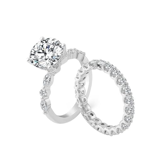 Damen Ringe Gold 375 Echtgold, Eheringe Damen 9K Weißgold 2 Schmuckstücke Im Set mit Rundem Moissanit Von 3 Karat Modeschmuck Größe 49 (15.6) von Dsnyu