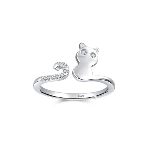 Damen Ringe Silber 925, Eheringe Vintage Offener Schmuck mit Katze und Schwanz Zirkonia Runde Form Silber Größe 54 (17.2) von Dsnyu
