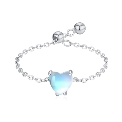 Damen Ringe Silber 925, Wedding Ring Verstellbare Dünne Kette Mondsteinschmuck Mondstein Herzform Silber Größe Verstellbar von Dsnyu