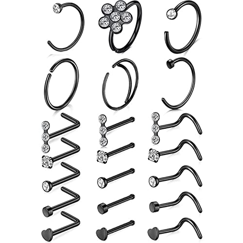 Dsnyu 21 Stück Nostril Piercing Stecker, Damen Nose Studs Piercing Hoops, Edelstahl Nasenloch Lippen Ohren Schraube Ohrstecker Piercing Schwarz Herz Ohrstecker und Hoop CZ Stein von Dsnyu