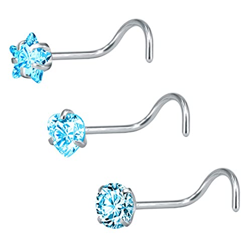 Dsnyu 3 Pcs Nasenpiercing Stecker, Septum Ringe Damen, Edelstahl Blau Modisch Nasenloch Lippen Ohren Schrauben Ohrstecker Herz Rund und Stern Zirkonia von Dsnyu