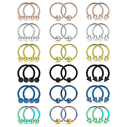 Dsnyu 36 Stück Nostril Piercing Ring, Piercing Nasenring Frauen Hoops, Edelstahl Bunt Ohrringe Nasenpiercing Schmuck Kreis U-Form mit Kugel von Dsnyu