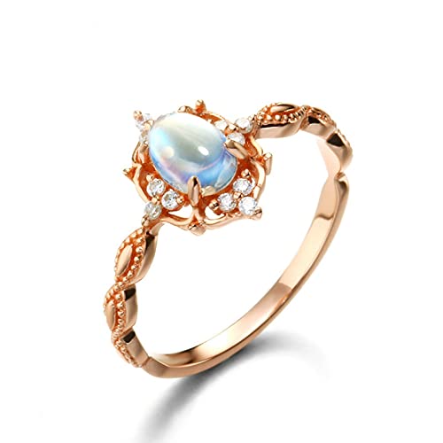 Dsnyu 585 14K Rosegold Ringe Damen, Mondstein Versprechen Ringe Rosegold, Court-Stil Retro Maßgeschneiderte Größe Verlobungsring Damen für Geburtstag von Dsnyu