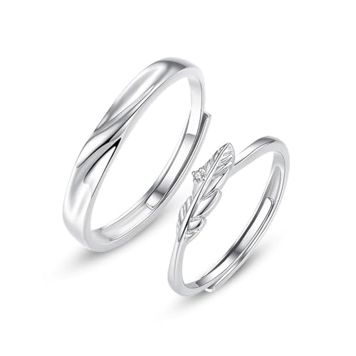 Dsnyu 925 Silber Ringe, Hochzeitsringe Männer Feder Silber Paar Partner Schmuck für Ihn Größe Verstellbar von Dsnyu