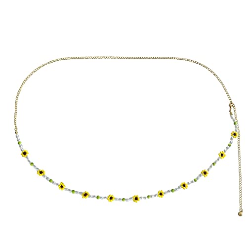 Bauchkette Blumen, Körperschmuck Gold mit Perlen Karabinerverschluss Frauen Waist Chain für Kleid 100cm von Dsnyu