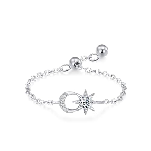 Dsnyu Eheringe 925 Sterling Silber, Verlobungsring für Frauen Verstellbare Kette mit Stern und Mond Zirkonia Runde Form Silber Schmuck Größe Verstellbar von Dsnyu