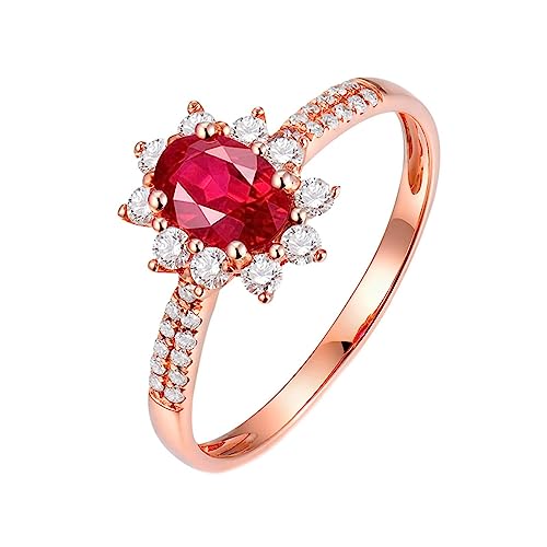 Dsnyu Engagement Ring Gold 18 Karat, Eheringe Frauen Blume Labor Geschaffener Rubin 0.6ct Ovale Form Taubenblutrot Trauringe Größe 62 (19.7) 750 Roségold von Dsnyu