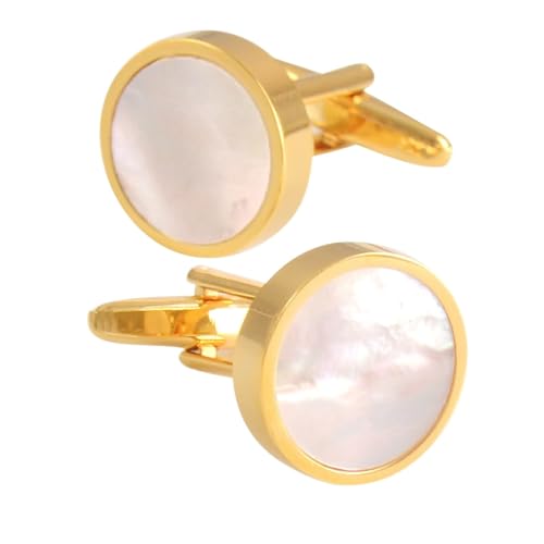 Dsnyu Gold Manschettenknöpfe, Manschettenknöpfe Herren Hochzeit Weiße Muschel Runde Form Hemd Anzug Schmuck mit Geschenkbox von Dsnyu