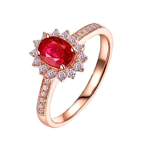 Dsnyu Gold Ringe Frauen 18K, Engagement Ring Women Halo Blume 4 Prong Labor Geschaffener Rubin 0.8ct Ovale Form Rot Eheringe Größe 47 (15.0) 750 Roségold von Dsnyu