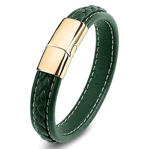Dsnyu Herren Armbänder, Gold Grün Lederarmbänder für Herren mit Magnet Verschluss, 18.5CM Einfach Retro Armreif zum Valentinstag von Dsnyu