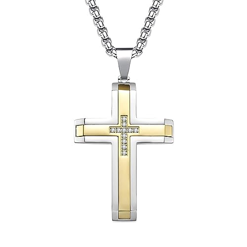 Dsnyu Herren Halskette Kreuz, Halskette Gold Mit Anhänger Edelstahl Zweifarbig Zirkonia Silber Rolo Modeschmuck Accessoires von Dsnyu