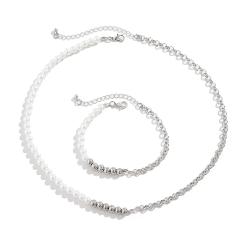 Dsnyu Herren Kette und Armband Set, Halskette Silber Perlenkette Armband Set Legierung mit Karabinerverschluss Schmuck Dsnyu Herren Kette und Armband Set, Halskette Silber Perlenkette Armband Set Legierung mit Karabinerverschluss Schmuck von Dsnyu