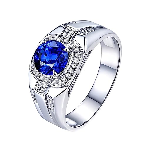 Dsnyu Herren Ring Gold 18K, Herren Ringe Breit Halo 4 Prong Labor Geschaffener Saphir 1.63ct Runde Form Blau Trauringe Gr.66 (21.0) 750 Weißgold von Dsnyu