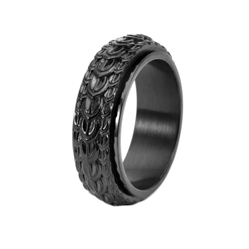 Dsnyu Herrenring Schwarz, Engagement Ring For Men Spinner Vintage Drachenschuppenmuster Schmuck 8mm Breit Titan Stahl Gr. 67 (21.3) Cool Geschenk von Dsnyu