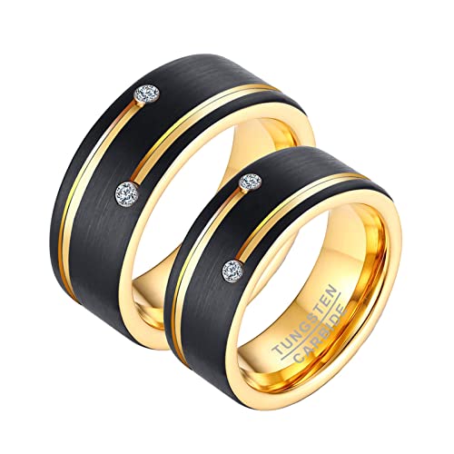 Dsnyu Herrenringe, Zirkonia Freundschaftsringe Paar 8MM, Wolframcarbid Schwarz Gold Verlobungsring Damen für Freundin Damen GR. 54 (17.2) + Herren GR. 54 (17.2) von Dsnyu