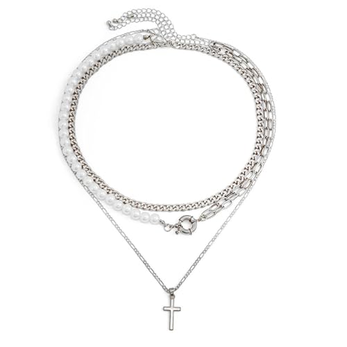 Dsnyu Kette Herren Silber, Halskette Lang Modeschmuck Kreuzanhänger Mehrlagig mit Perlen Legierung Kettenhalsketten mit Karabinerverschluss 63cm von Dsnyu