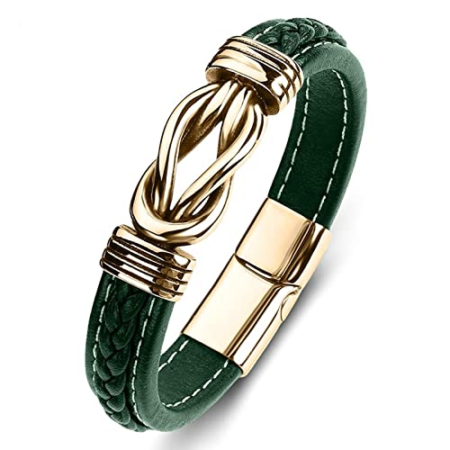 Dsnyu Leder Armbänder Mann, Gold Grün Armband für Männer mit Magnet Verschluss, 20CM Überlappend Armbänder Retro für Vater von Dsnyu