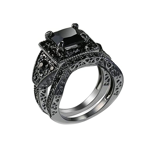 Dsnyu Modeschmuck Ringe Damen Vintage, Quadratisch Schwarz Zirkonia Antikes 2Pcs Ring Set Verlobungsring und Ehering Schwarze Waffe überzogen 57 (18.1) von Dsnyu