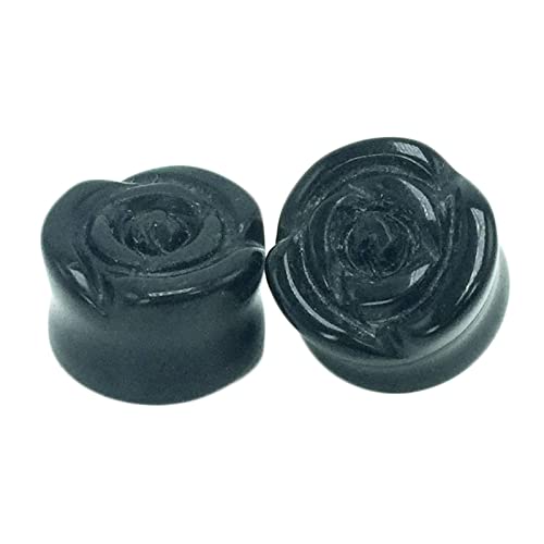 Dsnyu Ohrringe Plug 14MM, 2er Set Schwarzes Achat-Rosen-Muster Tunnel für Frauen, 9/16 inch Stein Plugs Schwarz von Dsnyu