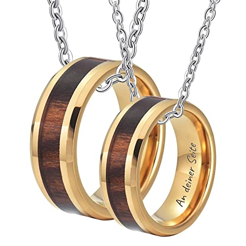 Dsnyu Paare Ketten mit EIN Leben lang An deiner Seite 2er Set, Holz Halskette für Frauen 50CM/ 60CM, Wolfram Halskette mit Ringanhänger Gold von Dsnyu