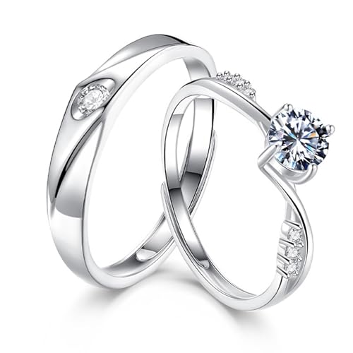 Dsnyu Pärchen Ringe 925 Silber, Partnerringe Vintage Elegant mit Solitär Zirkonia Runde Form Silber Schmuck Größe Verstellbar von Dsnyu