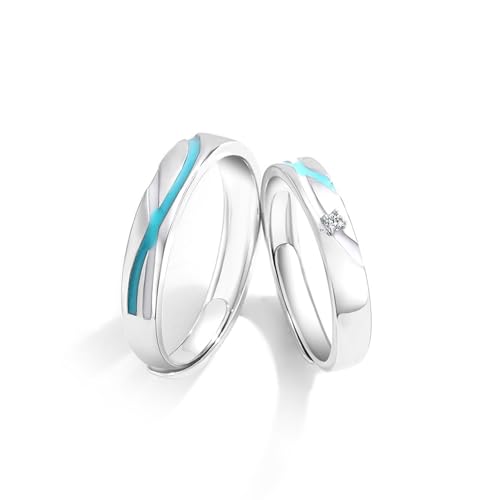 Dsnyu Partnerringe 925 Silber, Ringe für Paare Set mit Leuchtenden Linien Zirkonia Runde Form Silberblau Schmuck Größe Verstellbar von Dsnyu
