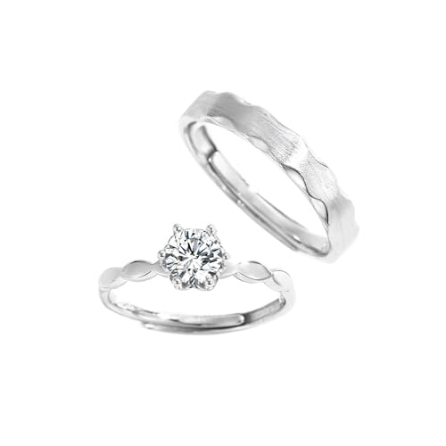 Dsnyu Partnerringe Silber 925, Partnerringe für Sie und Ihn Wellenband mit Solitär Zirkonia Runde Form Silber Schmuck Größe Verstellbar von Dsnyu