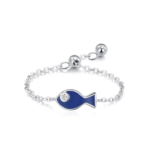 Dsnyu Promise Ring Silber 925, Eheringe für Frauen Verstellbare Kette Little Fish Zirkonia Runde Form Silber Schmuck Größe Verstellbar von Dsnyu