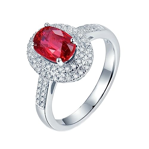 Dsnyu Ring Gold 750 18K Echt, Trauringe Frauen Halo 4 Prong Labor Geschaffener Rubin 1.2ct Ovale Form Rot Verlobungsring Gr.70 (22.3) 18K Weißgold von Dsnyu