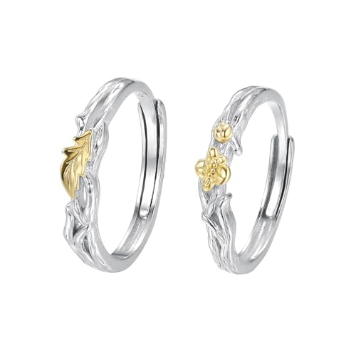 Dsnyu Ringe Frauen Blumen, Trauringe 999 Sterling Silber Silber Gold Paar Partner Schmuck für Sie Größe Verstellbar von Dsnyu