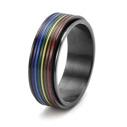 Dsnyu Ringe Herren Regenbogen, Ring Schwarz Frau Regenbogenschwul Schmuck 8mm Breit Edelstahl Größe 49 (15.6) Komfort Fit mit Box von Dsnyu