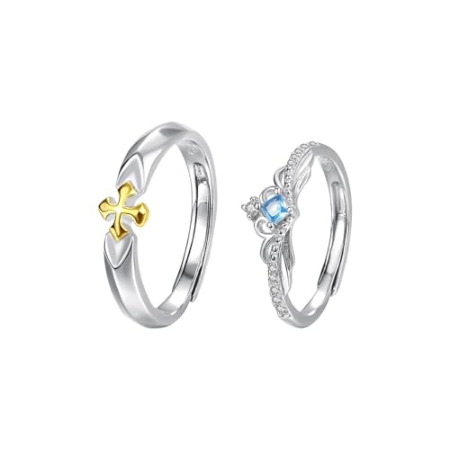 Dsnyu Silber Ring Herren 925, Eheringe Kreuz und Krone Silber Gold Paar Partner Schmuck für Ihn Größe Verstellbar von Dsnyu