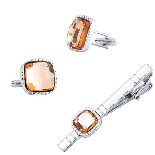 Dsnyu Tie Clip and Cufflinks, Manchettenknoepfe Herren Silber Orange Quadrat mit Zirkonia Hemd Anzug Schmuck mit Geschenkbox von Dsnyu